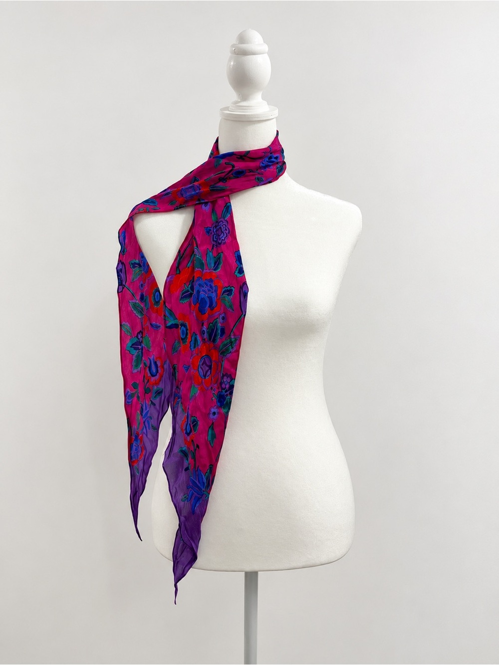 Vintage Floral Skinny Scarf Fuchsia Pink Purple Long Neck Hair Scarf